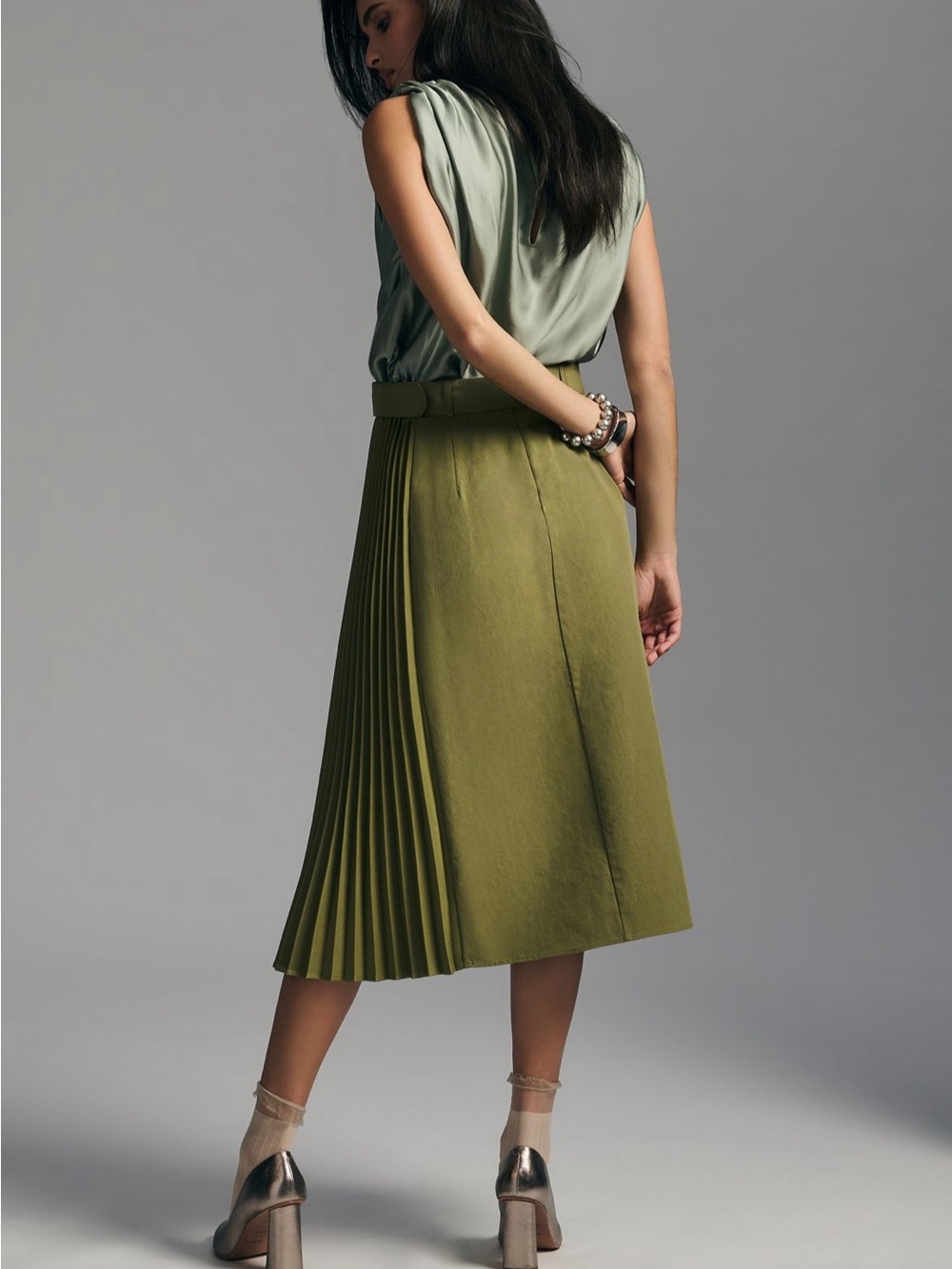 NWT Anthropologie Olive Green Pleated Midi Skirt with Belt - Picture 7 of 8